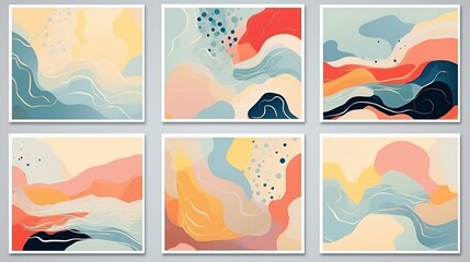Fototapeta na wymiar Set of Abstract Hand Painted Illustrations for Postcard, Social Media Banner, Brochure Cover Design or Wall Decoration Background. Modern Abstract Painting Artwork. Vector Pattern