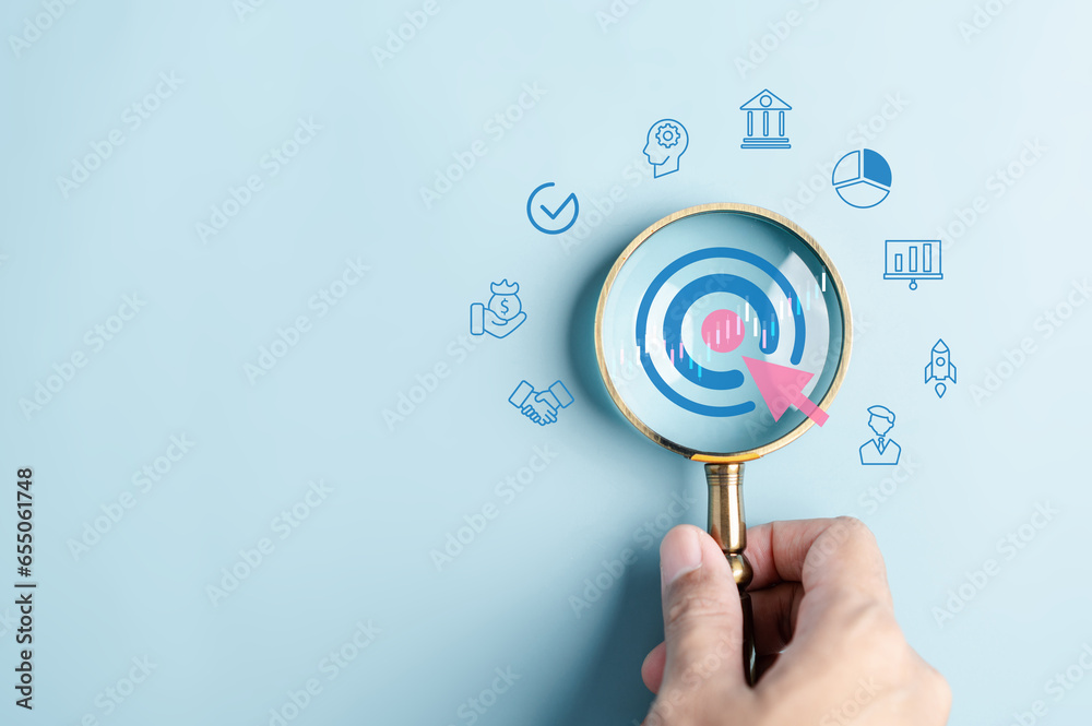 Poster magnifier glass focus to target objective with business icons. planning development leadership and c