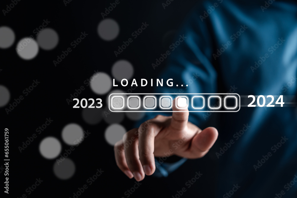 Poster Loading progress from 2023 to 2024 to countdown merry christmas and happy new year, Planning and challenge strategy in new year 2024 Concept.