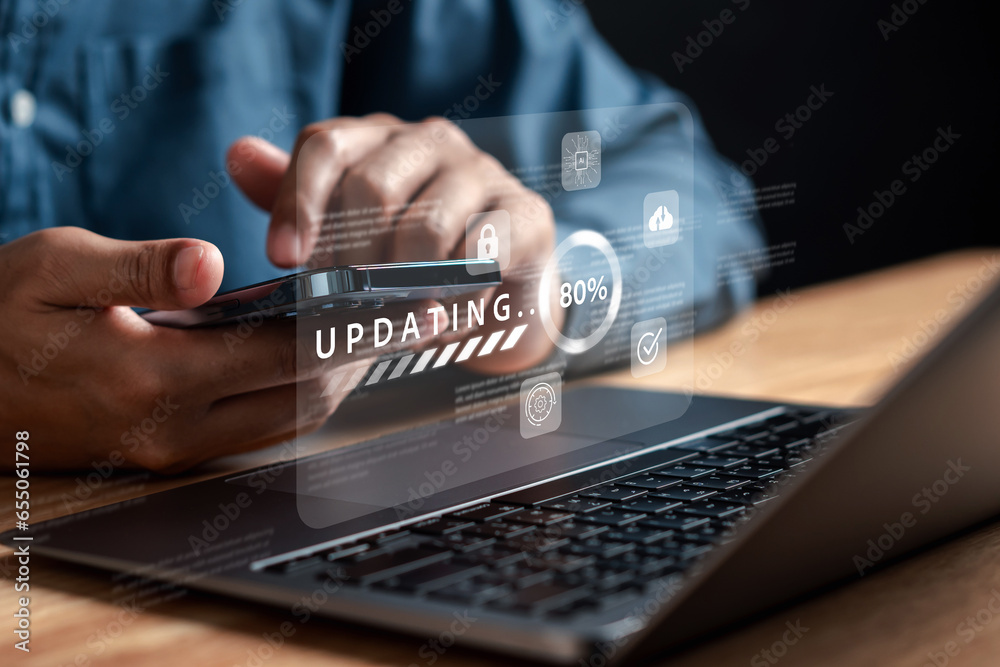 Poster Update software and installing new version system in computer. Man upgrade program, Business technology internet loading bar with installing the update for the quality better...