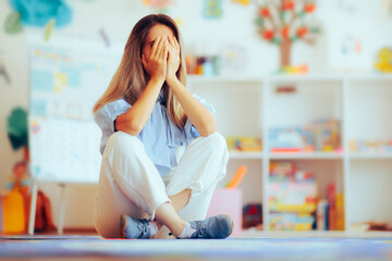 Worried and Stressed Kindergarten Teacher Feeling Overwhelmed. Desperate anxious preschool tutor...
