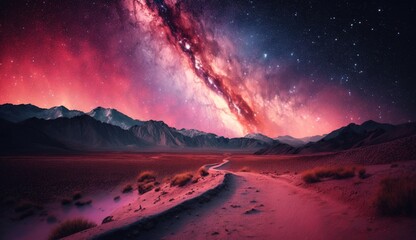 Milky Way and pink light at mountains. Night colorful landscape. Starry sky with hills at summer....