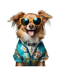 cute dog portrait posing like a model wearing a jacket and glasses isolated on a transparent background
