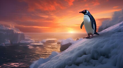 A cute penguin on the edge of a cliff near a beautiful beach © salwa