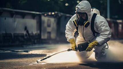 Obraz premium 1 officer Wearing a mask and white protective suit, spraying toxic gas on the ground