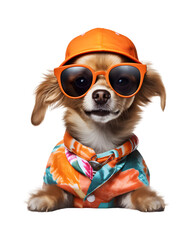 A cool looking dog wearing glasses and fashion clothes poses like a model isolated on a transparent background
