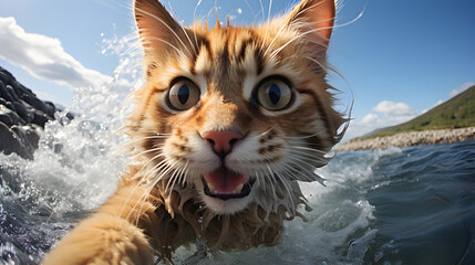Cat selfie on background sea - obrazy, fototapety, plakaty