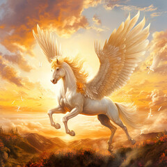 Obraz na płótnie Canvas flying horse in the sunset sky
