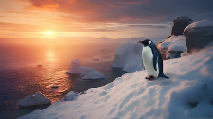 A cute penguin on the edge of a cliff near a beautiful beach - obrazy, fototapety, plakaty