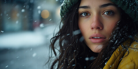 portrait of a woman in a snow-covered city - obrazy, fototapety, plakaty