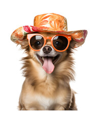 close-up photo of a happy dog wearing a summer hat and cool looking glasses isolated on a transparent background