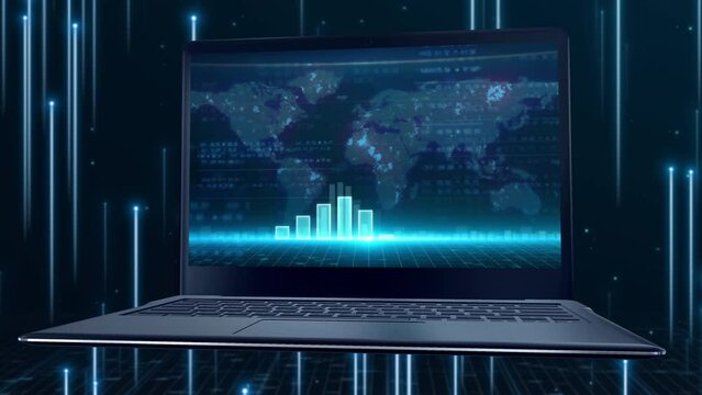 Stock market graph analyzing stock market financial index on laptop screen data hologram interface financial 