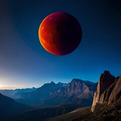 red moon over the mountains, solar eclipse, moon eclipse, big ball of burning gases, big round moon, red moon, moon over mountains, hot air balloon - obrazy, fototapety, plakaty