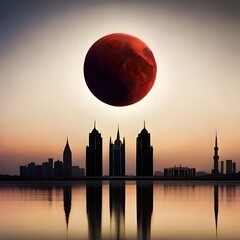 big red moon, orangy red moon, moon over mountains, moon at night, solar eclipse, moon eclipse, hot air balloon, natural calamity, big ben and houses of parliament - obrazy, fototapety, plakaty