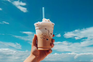 Hand holding iced coffee in a plastic cup with a blue sky and cloud background - Powered by Adobe