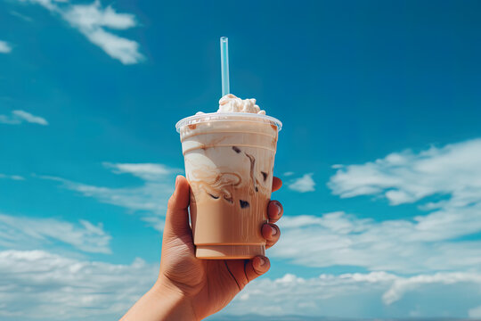 Hand holding iced coffee in a plastic cup with a blue sky and cloud background