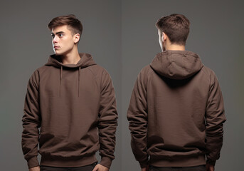Front and back view of a brown hoodie mockup for design print