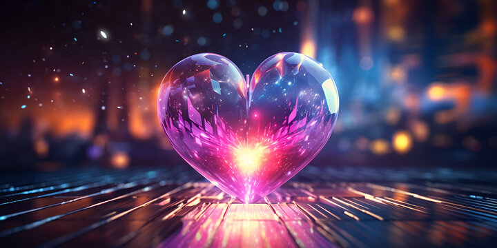 Fototapeta Heart concept love valentine's in neon light Purple crystals heart shaped magic glowing Romantic concept wallpaper With city blur bokeh background Ai Generative