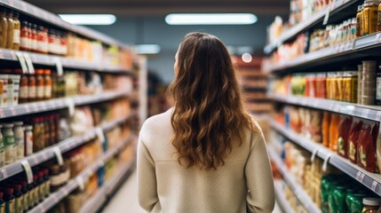 Woman shopping products in a grocery store consumer behavior. 