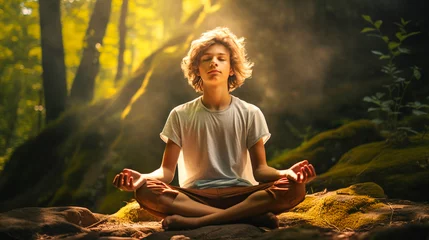 Fototapeten Boy Kid Child Finding Tranquility and Spiritual Awakening in the Serenity of Nature: Zen Meditation. Reiki Lightworker Shaman Practice. Animism Soul. Sunshine Sunlight.  © dimensdesign
