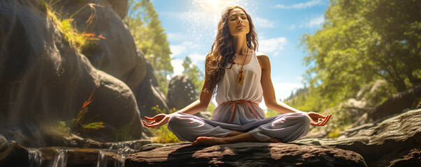 Woman Finding Tranquility and Spiritual Awakening in the Serenity of Nature: Zen Meditation. Reiki Lightworker Shaman Practice. Animism Soul. Sunshine Sunlight. 