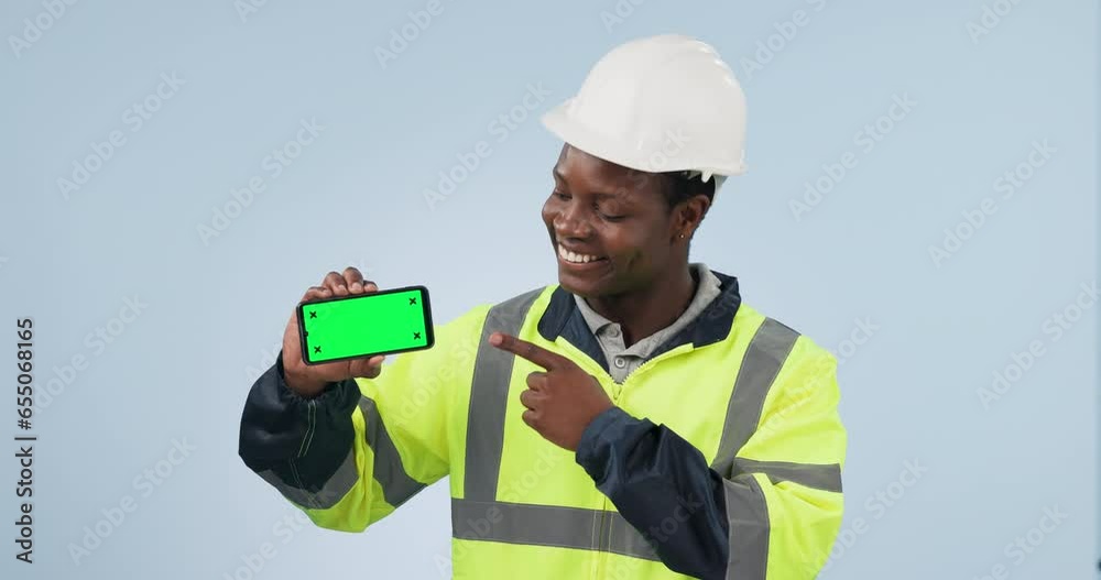 Canvas Prints Happy man, engineer and mockup or phone green screen in marketing on studio blue background. Portrait of black person, construction worker or contractor pointing to mobile smartphone app display or