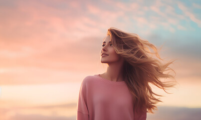 Fototapeta na wymiar Woman in Woman sweater with sky background_Generative AI