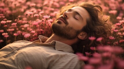 Portrait of young handsome bearded man lying among pink wild flowers field. Happy smiling guy relax on the grass on sunny summer day. Freedom, love nature concept.