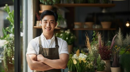 Confident young Asian male florist smiling on blurred flower shop background, owner of small business of a flower shop, with copy space. - Powered by Adobe