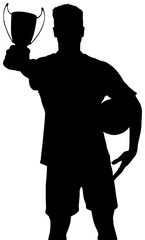 Digital png illustration of silhouette of male footballer holding cup on transparent background