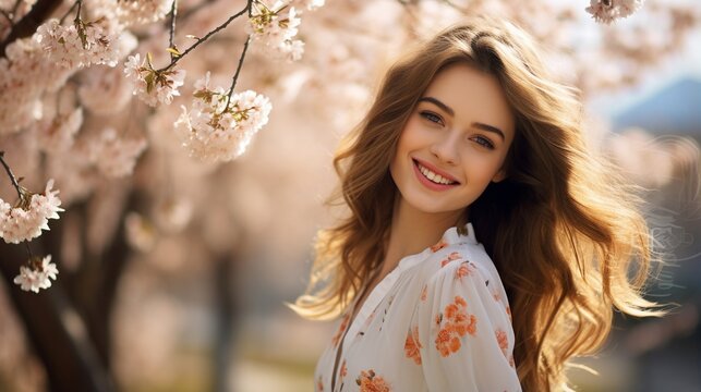 beautiful young woman in cute dress in spring orchard yard, enjoy spring season sunshine and flowers, happiness and love, with copy space.