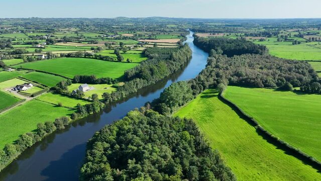 Aerial video of The River Bann from Lough Neagh at Portna Lock Kilrea County Derry Antrim Northern Ireland