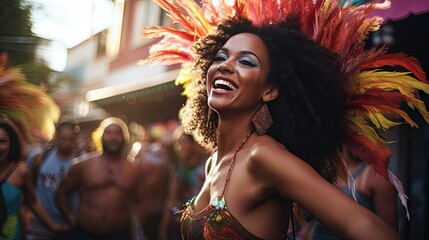 Beautiful samba dancer performs at carnival with band - obrazy, fototapety, plakaty