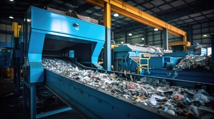 Recyclable materials on conveyor belt in a waste recycling factory. - obrazy, fototapety, plakaty