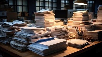 Intriguing of large piles of files on a desk at office. - obrazy, fototapety, plakaty