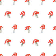 Cute, kids background with red fly agarics on a white background. Watercolor illustration seamless pattern with amanita.