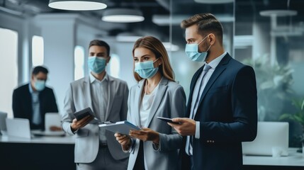 Business people standing and looking at business results in office while wearing face masks and virus protection, Coronavirus pandemic (COVID-19) came back. - obrazy, fototapety, plakaty