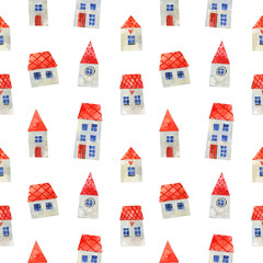 Cute seamless background with rural houses with red roofs. Cartoon style pattern with simple cute houses.