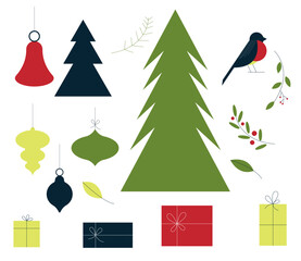 Christmas Icons and Flat Elements with Bauble, Fir Tree, Gift Box and Bullfinch Vector Set