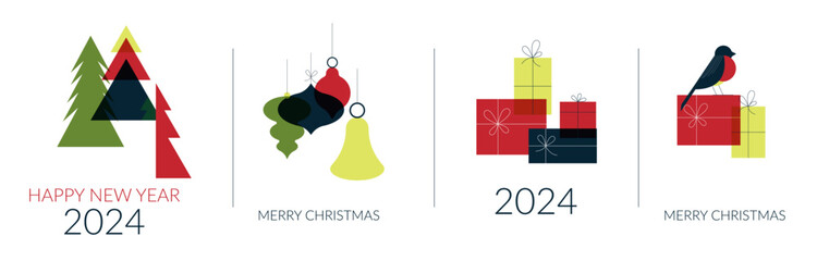 Merry Christmas and Happy New Year Composition with Inscription Vector Set