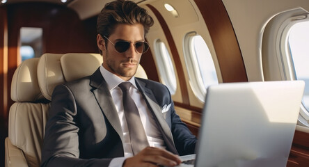 Businessman on private Jet, Handsome businessman in suit using laptop in private plane.