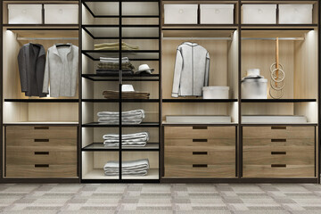 3d rendering minimal scandinavian wood walk in closet with wardrobe - obrazy, fototapety, plakaty