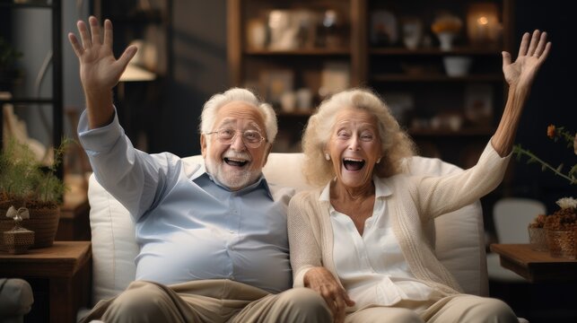 Happy elderly couple raised their hands at living room.