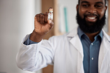 Doctor, man and vaccine bottle in portrait, smile and care for pharmaceutical product for dengue fever. African medic, pride and happy for medicine, liquid and health innovation for safety in clinic - obrazy, fototapety, plakaty