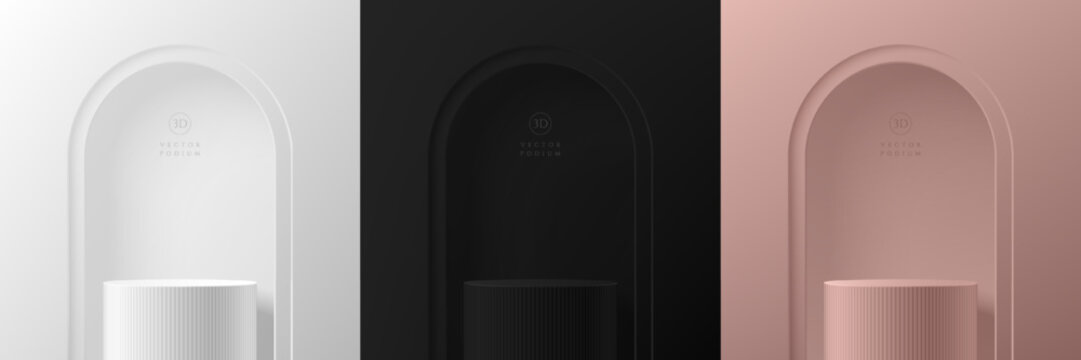 Set of 3D cylinder stand podium background. Luxury black, silver and pink gold in arch gate wall scene. Minimal mockup product display presentation, Stage showcase. Platforms vector geometric design.