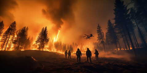 Firefighters fighting the fire while it devours the entire forest, Wildfire.