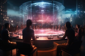 Futuristic conference room, Executives around a table with holograms, Interactive screens presenting AI-related. - obrazy, fototapety, plakaty