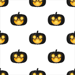 Black Halloween pumpkin with Candle shine light inside, Seamless pattern background.