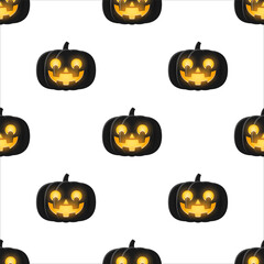 Black Halloween pumpkin with Candle shine light inside, Seamless pattern background.