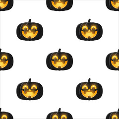 Black Halloween pumpkin with Candle shine light inside, Seamless pattern background.